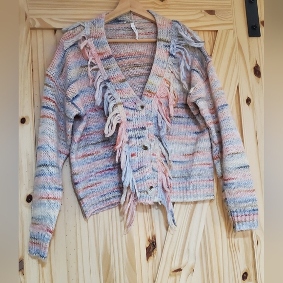 Dreamers By Debut Size L Multi Colour Fringe Button Up V-Neck Knit Sweater - Picture 2 of 10